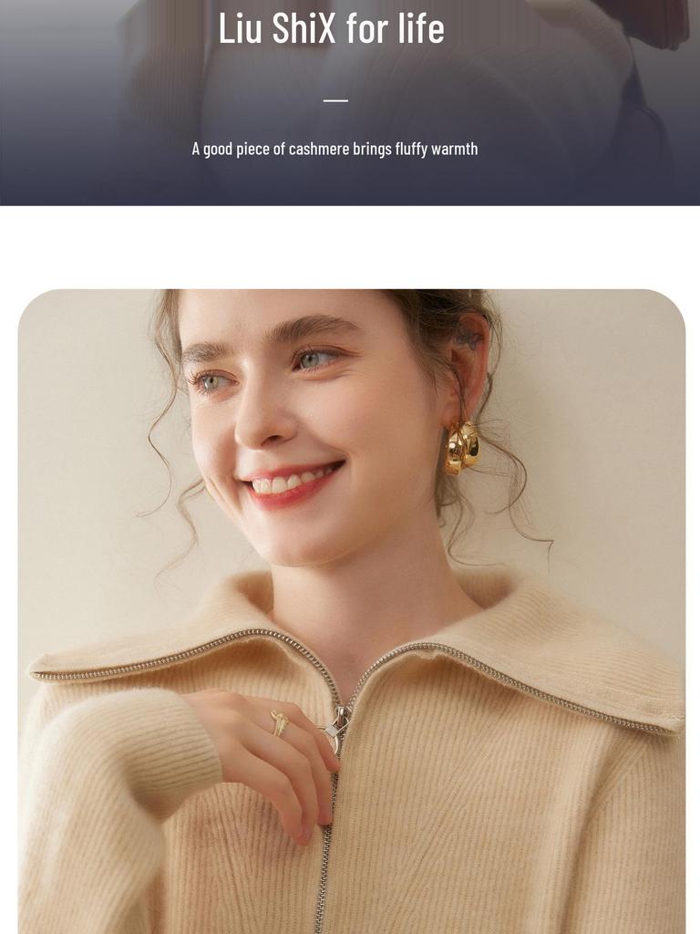 Damen Dick gestrickter Kaschmirpullover - Großer Reverskragen, Polo-Kragen mit halbem Reißverschluss, Vielseitige lockere Passform für Herbst und Winter