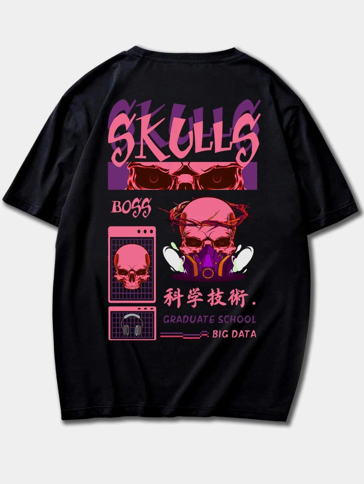Grunge Punk Fire & Skull Graphic Tee for Guys – Edgy Streetwear T-Shirt 2XL