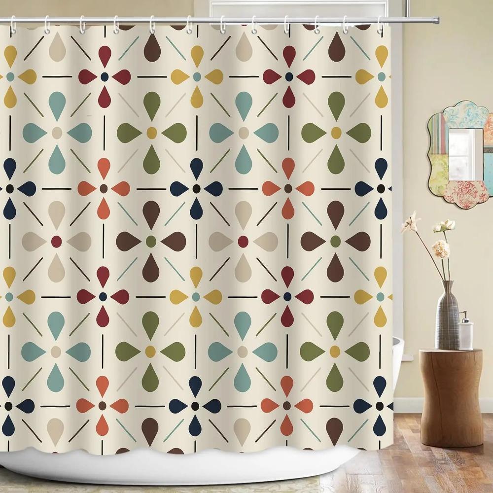 Mid Century Modern Shower Curtain, Geometric Abstract Bathroom Decor Set With Hooks, Waterproof Washable Retro Fabric Decor