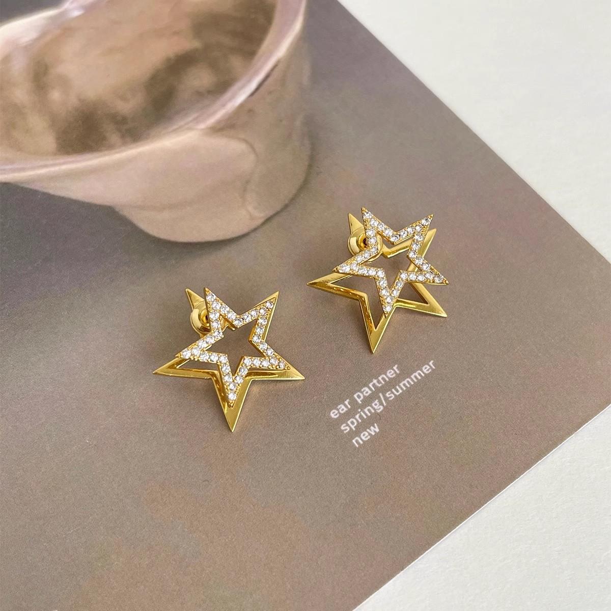 Двухслойные серьги-пусеты в виде звезд для женщин Изысканные простые хрустальные серьги-пусеты Хип-хоп Трендовые Повседневные Универсальные Ювелирные изделия Подарки 2025