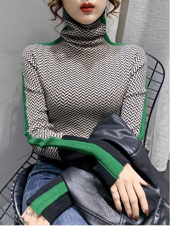 Pull Rétro en Cachemire pour Femme - Coupe Ample, Col Montant, Couleur Contrastée, Automne/Hiver