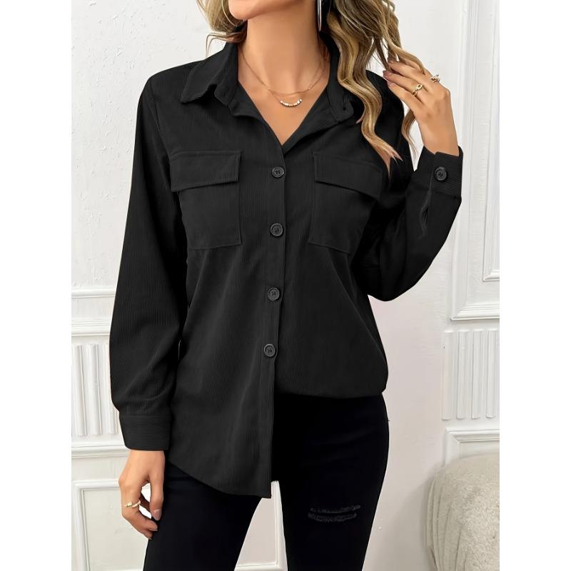 Damen S Vintage Corduroy Hemdjacke mit Umlegekragen, langen Ärmeln und Taschen