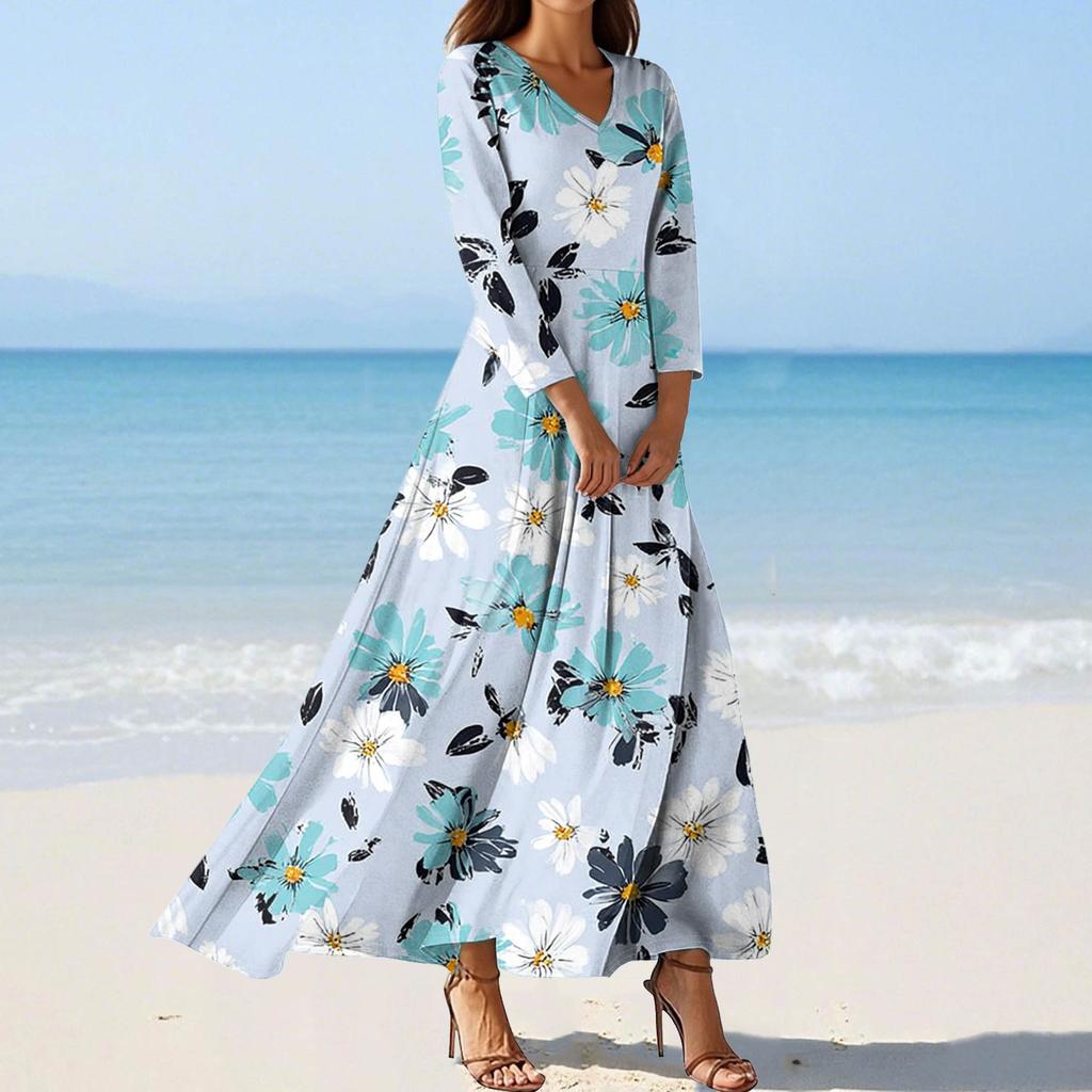 Women's Fashion V-Neck Floating Beach Dresses Seven Sleeve Floral Printed Dresses