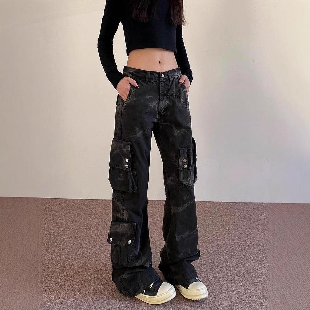 Women's Tie-Dye Distressed Cargo Pants - Versatile Straight-Leg with Slight Flare