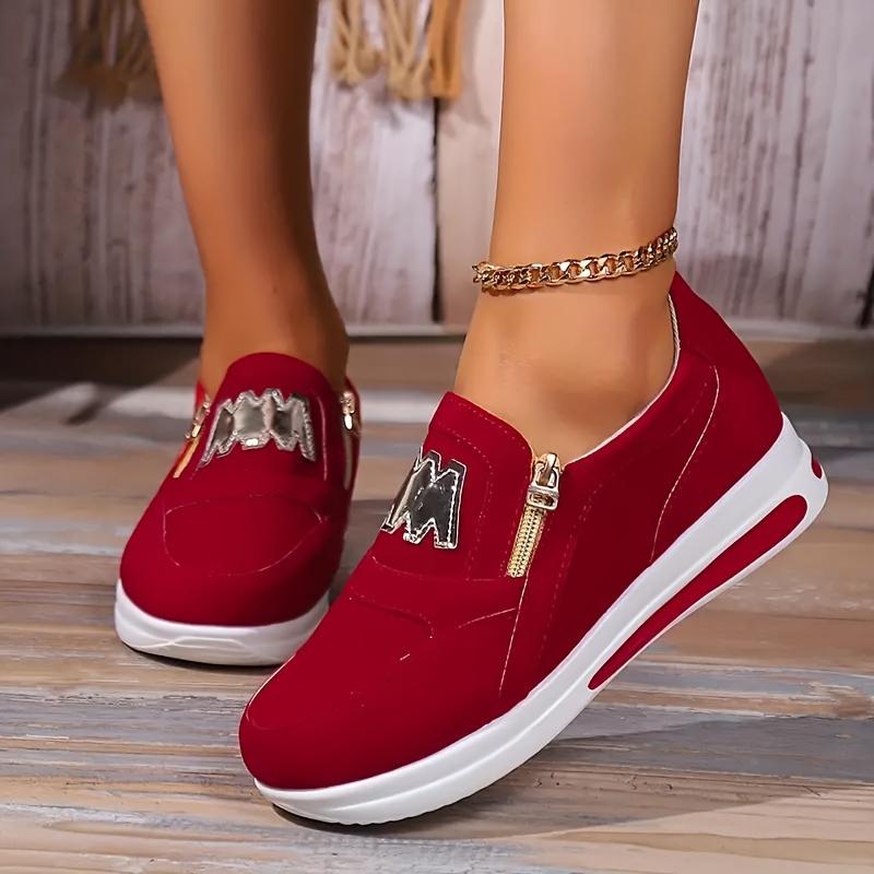 Damen Plateau-Sneakers, lässig, doppelseitiger Reißverschluss, Outdoor-Schuhe, bequeme niedrige weiße Schuhe