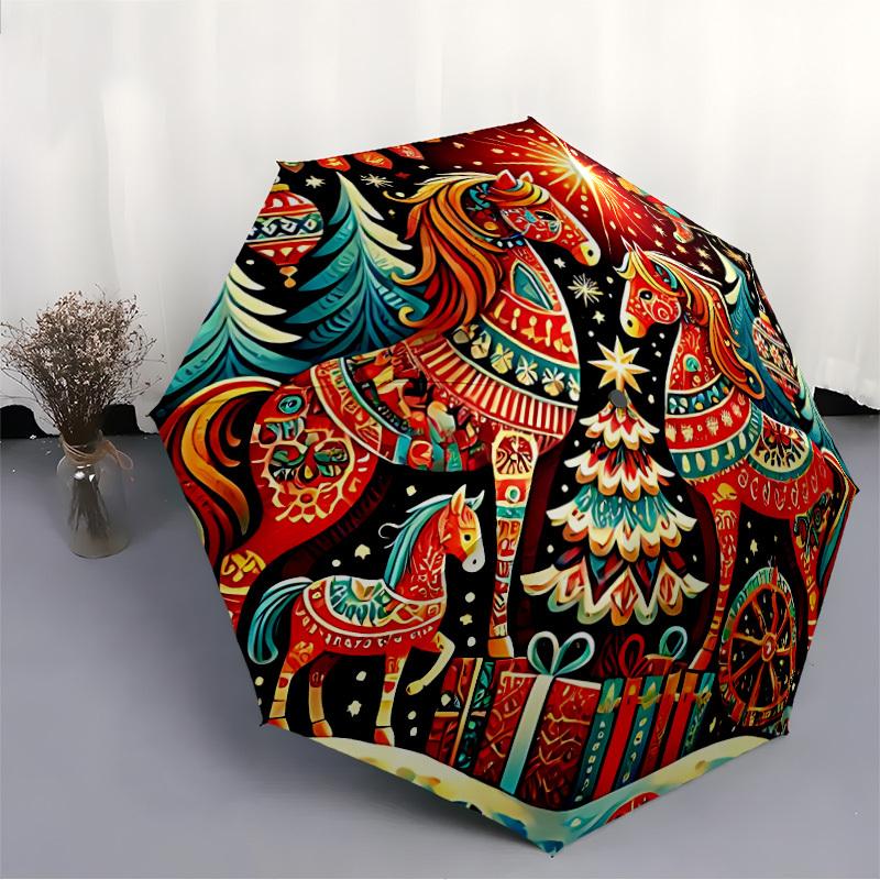 1pc Horse Christmas Automatic Folding Umbrella, Lightweight Retractable Compact Travel Umbrella, 8-Rib Sturdy Frame145
