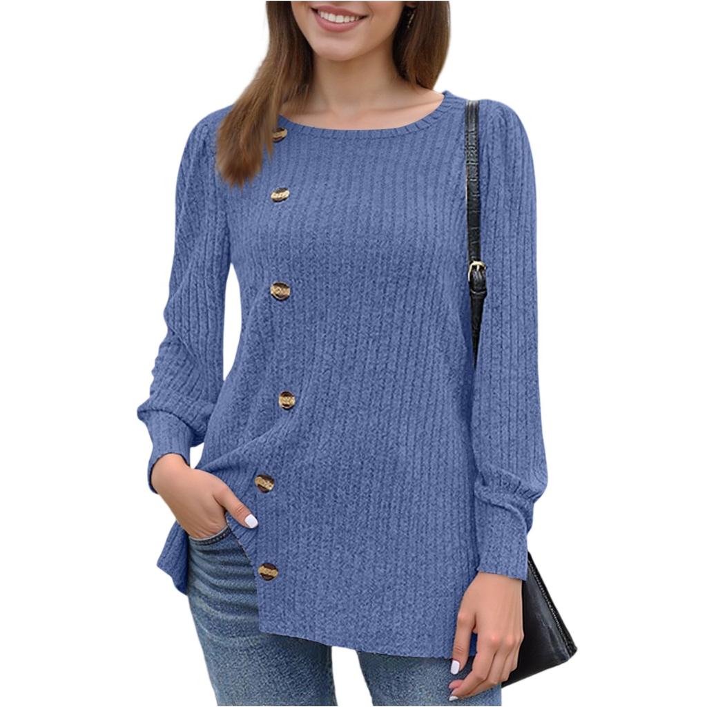 Women's Fashion Square Neck Solid Color Fleece Long Sleeve Decorative Button Hem Split Top