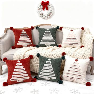 Yousheng Housse de coussin à motif d'arbre de Noël avec décoration pompon et boule de poils, housse de coussin style ferme