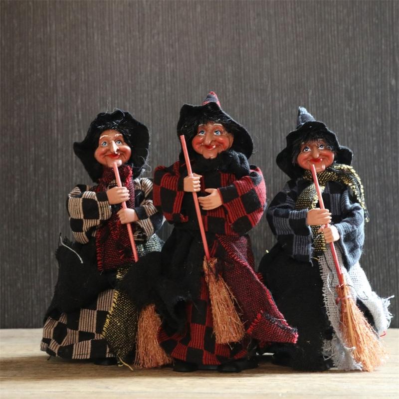 3Pcs Festival Witch Ornament Handmade Cloth Broom Wizard Figurine Decoration For Shop Window Display Indoor and Outdoor