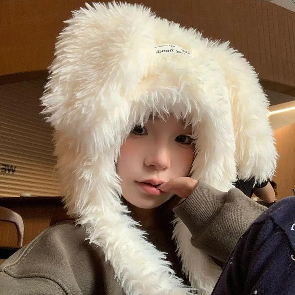 Long Rabbit Ears Women's Plush Caps Cute Winter Beanies Hats Sweet Fuzzy Bunny Hat  Ski