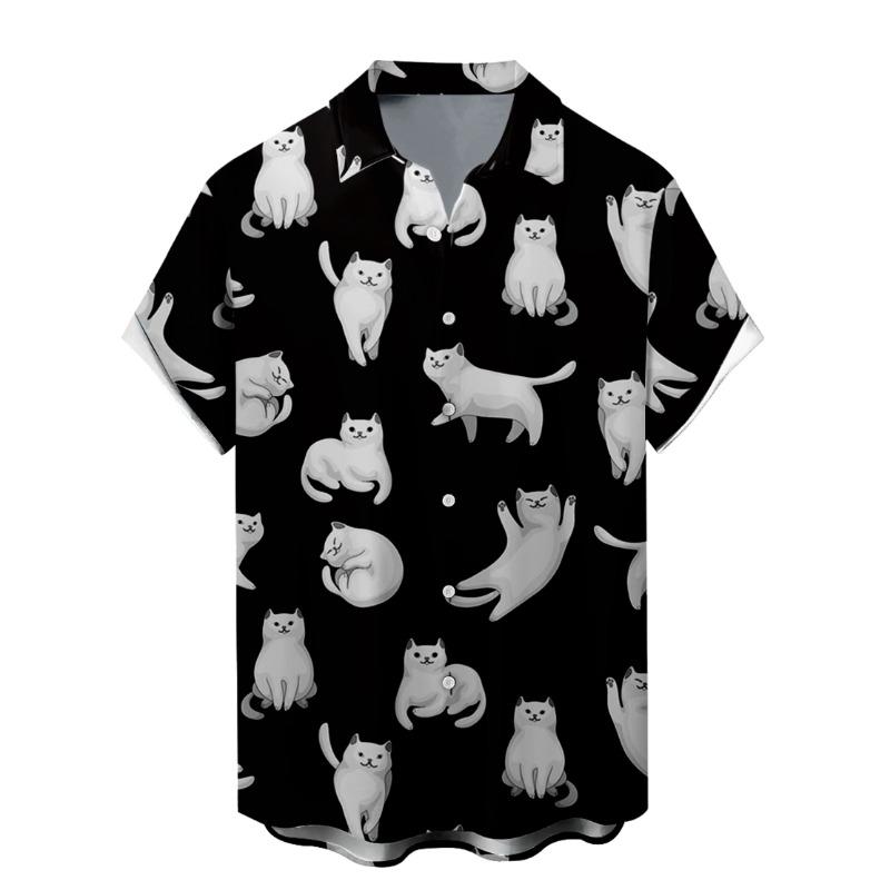 Hawaiian Flower Shirt Men's Summer Thin Loose Large Size Short-sleeved 3D Digital Print Cat Pattern Street Personality Shirt