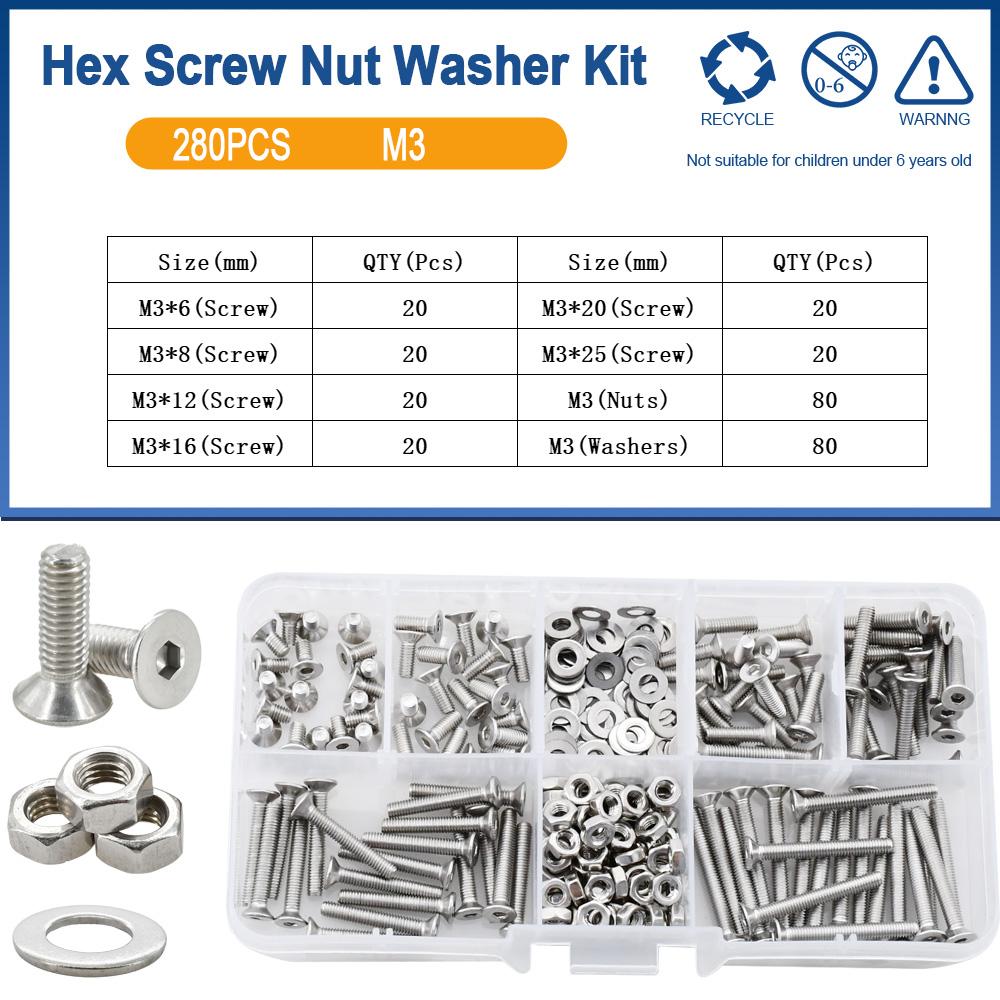Hexagonal Countersunk Screw Nut Washer Set Metric Threaded Hex Bolt Nuts Spacer Kit Machine Screws Gasket Stainless Steel M2-M6