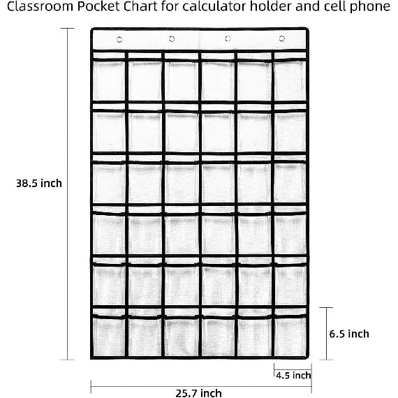 36 Clear Pockets Classroom Pocket Chart for Cell Phones, Pocket Chart for Calculator Phone Holder with 36 Number Stickers and Hooks (White)