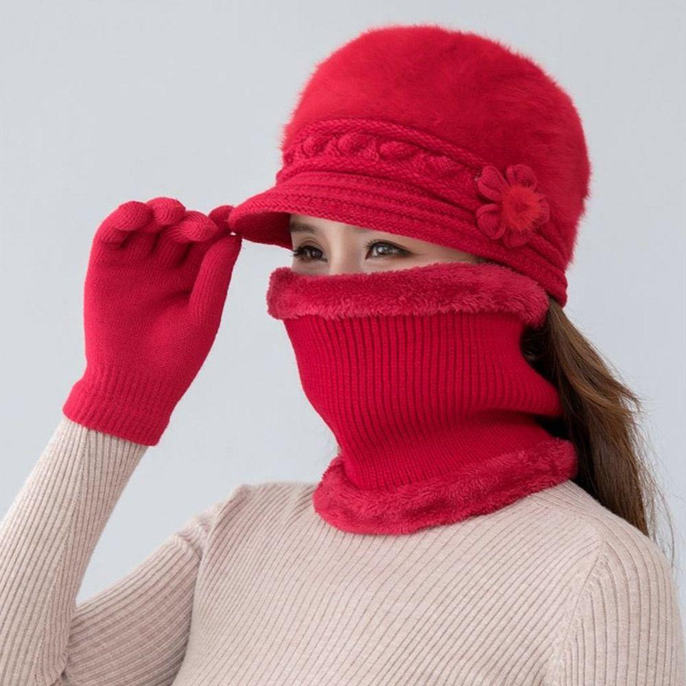 3Pcs/Set Warm Scarf Gloves Set Neck Protection Beanies Hat Winter Knitted Hat  Women