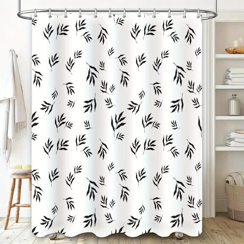 Decorative Black White Leaf Shower Curtain Set for Bathroom Decor Waterproof Fabric with Hooks (White)