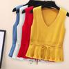 Blue Knit Vest Drawstring Waistband Design Ruffle Hem Sweet Women Pullover Sweater Simple Casual Sleeveless Coat Commuting Fall