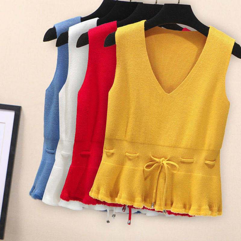 Blue Knit Vest Drawstring Waistband Design Ruffle Hem Sweet Women Pullover Sweater Simple Casual Sleeveless Coat Commuting Fall