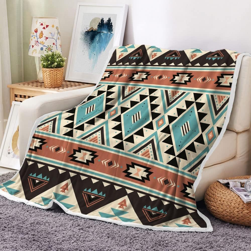 Textilien Unisex Coral Southwestern Tribal Azte Throw Blankets, Soft Cozy Flannel American Native Ethnic Geometric Western Boho Design Warm Bed Blanket