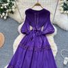 High-End Heavywork Lacing Paillette-Panel Waist-Banding Lantern Sleeve Maxi Dress for Women Autumn Charming Long Women Dress