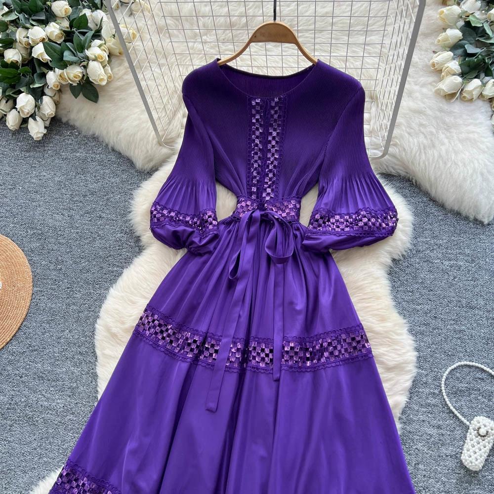 High-End Heavywork Lacing Paillette-Panel Waist-Banding Lantern Sleeve Maxi Dress for Women Autumn Charming Long Women Dress