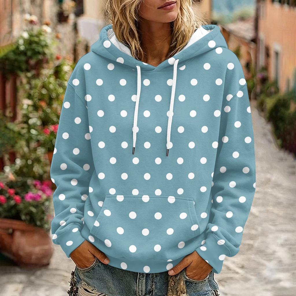Women's Polka Dot Print Hooded Long Sleeve Sweatshirt with Pocket and Casual Top