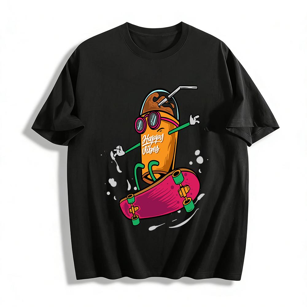 

Happy Vibes Skateboarding Drink Graphic Casual Tee Pure cotton T-shirt XXS