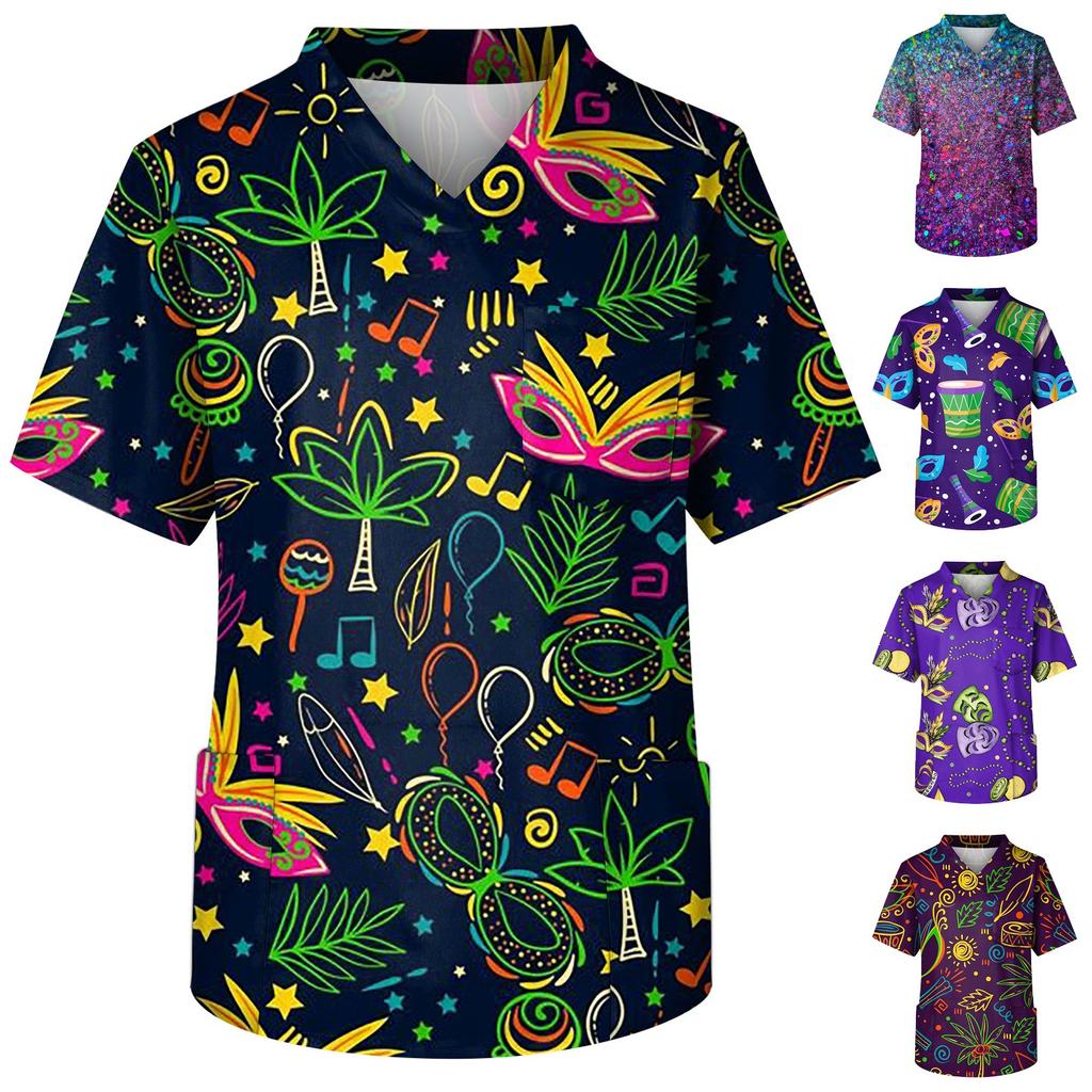 Men's Short Sleeve V Neck Mardi Gras Carnival Theme Clothing Party Mask Pattern Chest Pocket Caregiver Top