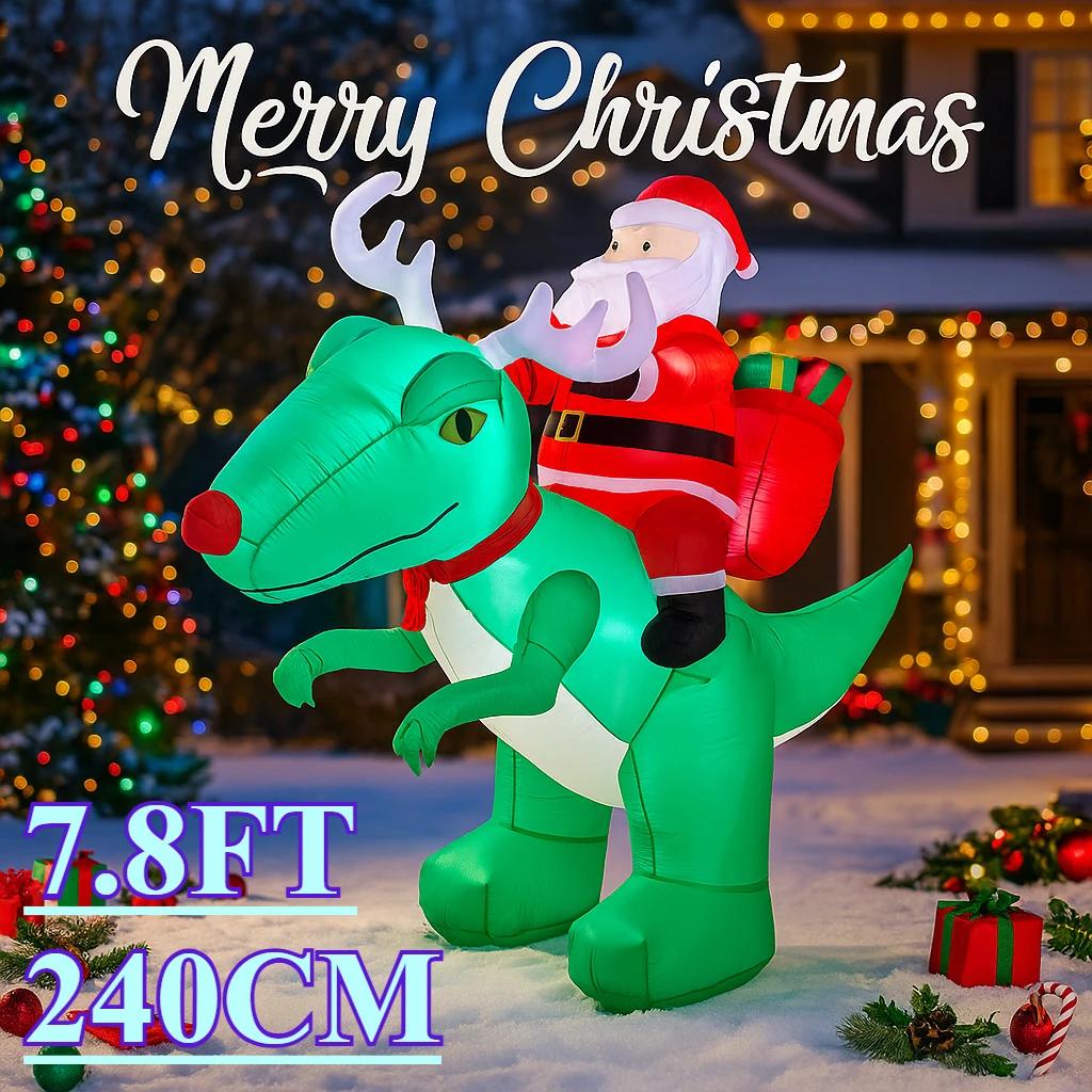7.8FT Xmas Holiday Inflatable Yard Decor Santa Riding Dinosaur LED Christmas Decor Lawn Garden Toy Supplies Home Ornament Gift