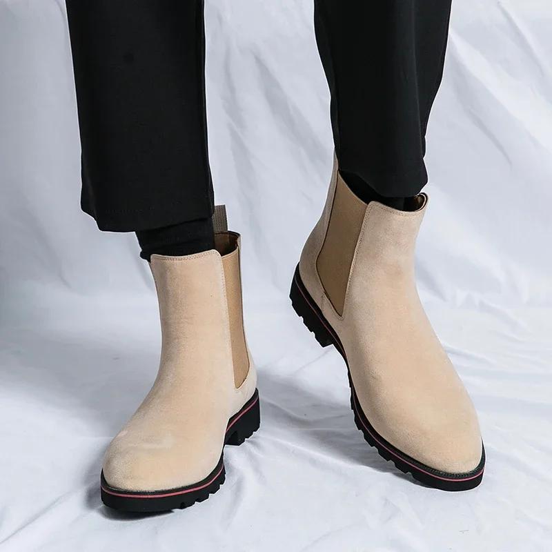 Men Chelsea Boots Faux Deer Velvet High Boots Low-heeled Pointed Toe Fashion All-match Single Product Men Shoes Zapatillas Male