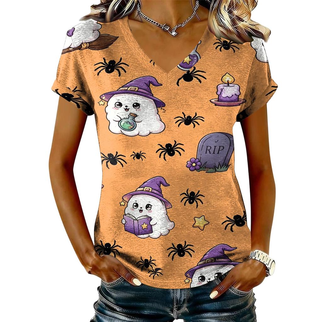 Women's V-Neck Short Sleeve Halloween Print T-Shirt Casual Pullover Top