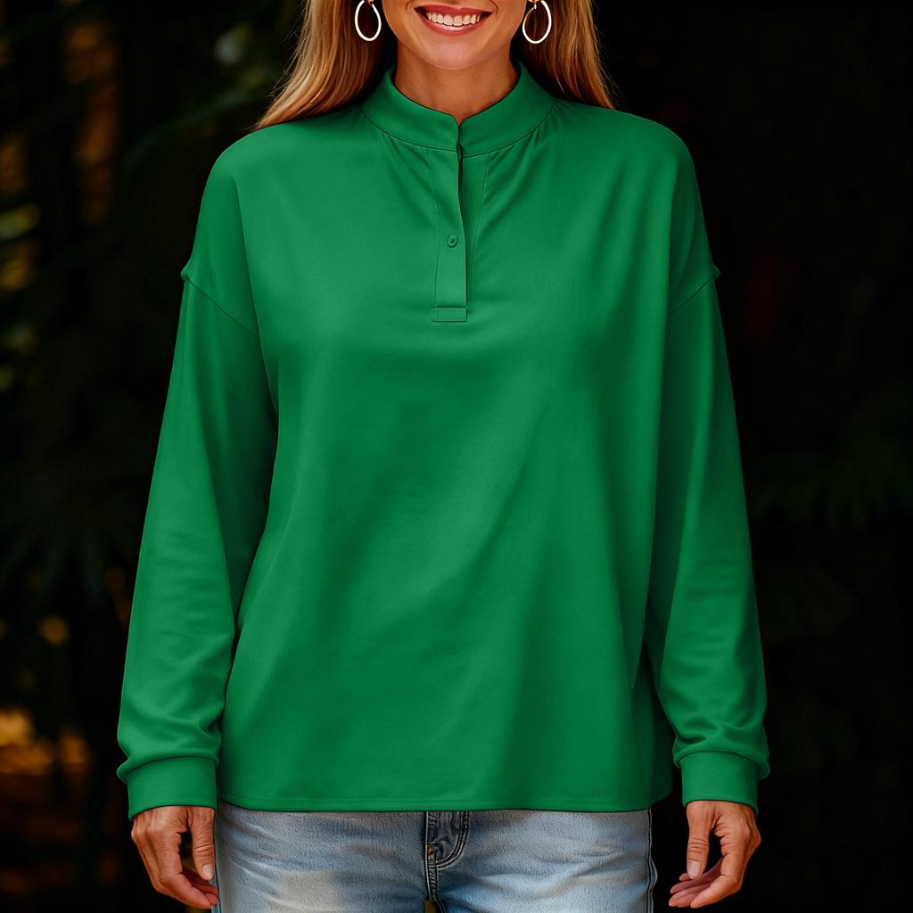 Dámské módní a ležérní volné jednobarevné top s dlouhým rukávem, kulatým výstřihem a zapínáním na knoflíky