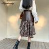 Korean Style Autumn Winter Women Stylish Skirt Black Brown Woolen Plaid Patchwork PU Skirt Elegant Feminine 2 Pcs Skirt