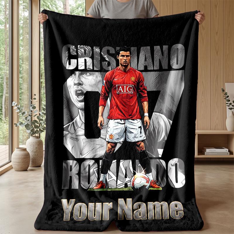 Coperta in Flanella Personalizzata con Nome Cristiano Ronaldo Logo Calcio Coperta Plaid in Pile Personalizzata Regalo Speciale per Divano Camera da Letto Casa