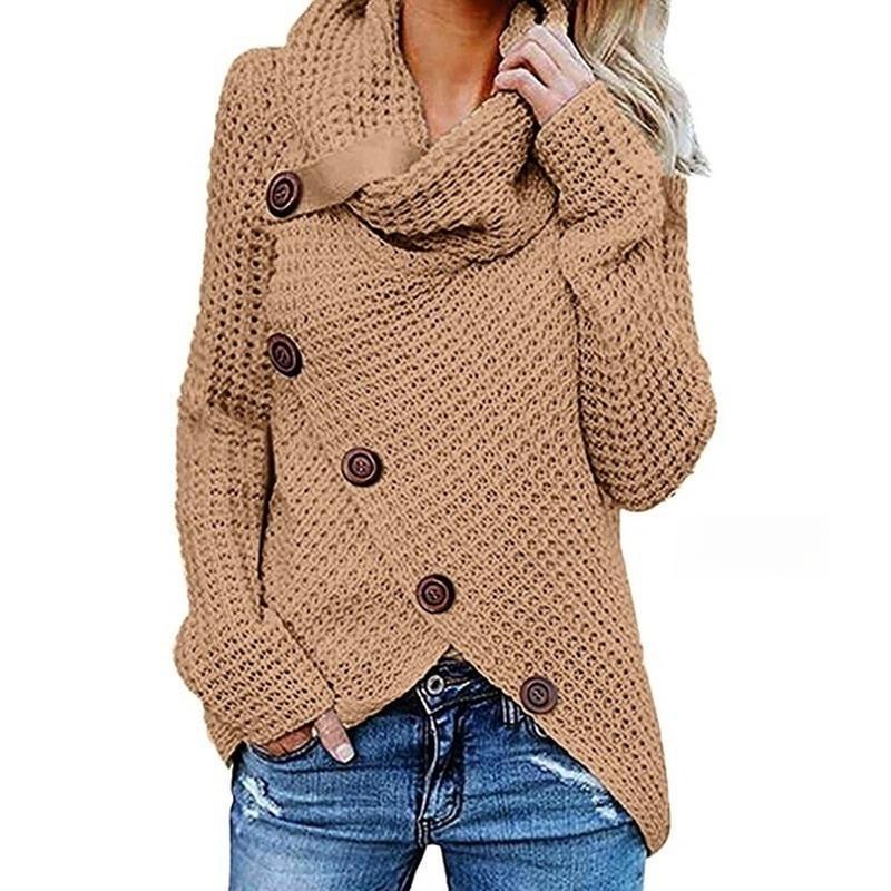 Herbst und Winter Einfarbig Dicker Pullover Damen Neu Einreihig Diagonale Schnalle Langärmlig Asymmetrische Strickwaren Damen
