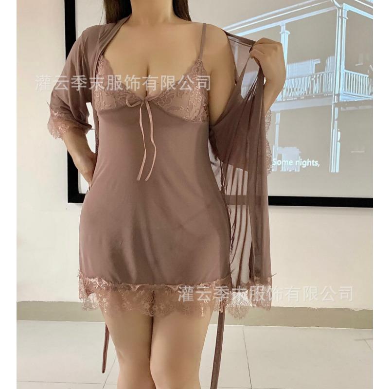 Sexy Underwear, Sexy Lace Suspender Skirt, Mesh Perspective Women's Transparent Robe, Flirting Loungewear Set