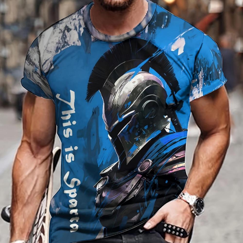 Men's 3D Spartan Knight Pattern T-shirt Outdoor Casual Micro Elastic Breathable T-shirt Summer Fashion Short Sleeve T-shirt Top
