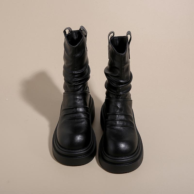 Autumn Winter Design Pleated Women Ankle Boots Slip On Shoes Thick Heel Modern Short Botas Mujer