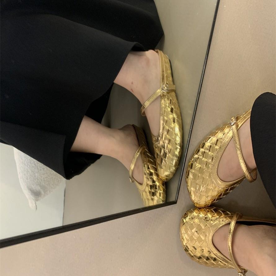 2025 Summer New Hand-woven Roman Shoes Square Head Shallow Mouth Soft Sole Word with Flat Bottom Mary Jane Single Shoes Women