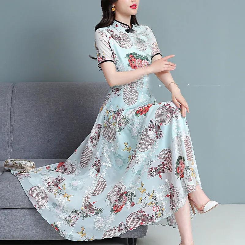 Temperament New Age-reducing Ice Silk Skirt Summer New Women's Clothing Printed Dress Manufacturer Wholesale