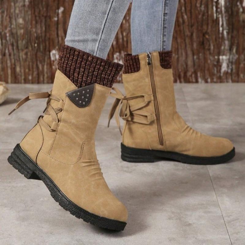Fashion Women Non-slip Ankle Boots Winter Knitted Outdoor Comfortable Shoes Women Retro Trend Platform Lace Up Boots Zapatos De Mujer