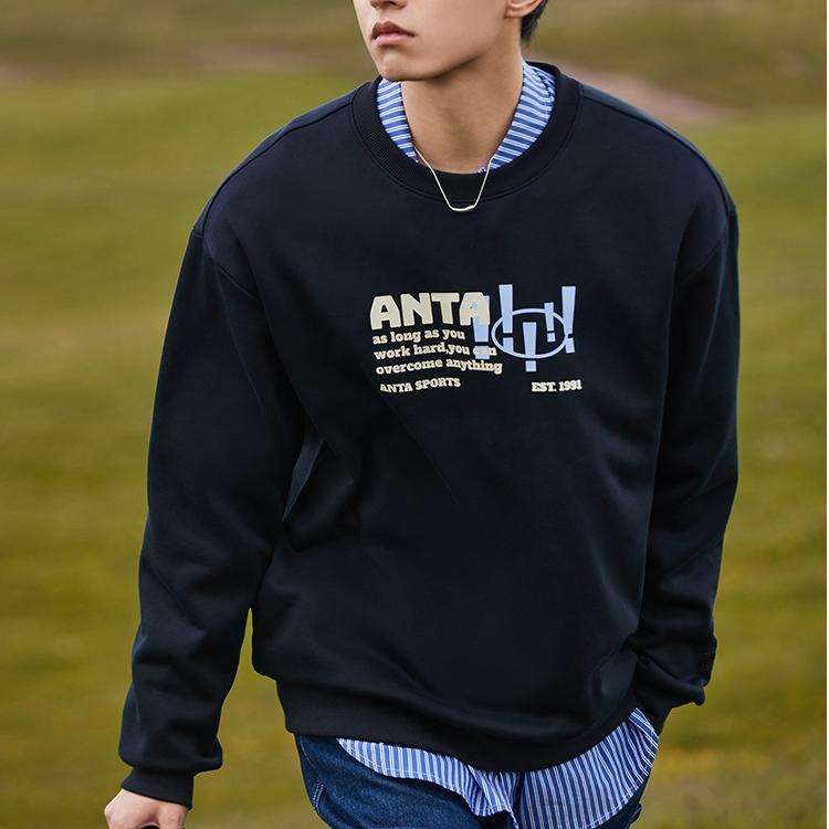 Anta FW22 Lifestyle Collection Letter Print Pullover Fleece Lined Long Sleeved Sweatshirt Unisex Black 952238723-3