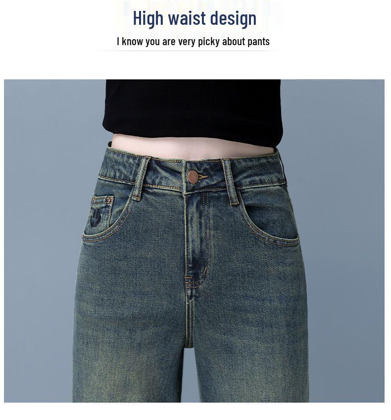 Damen High-Waist Fleecegefütterte und Einschichtige Weitbeinjeans - Frühling, Herbst, Winter Retro Schlankmachende Straight-Leg Bodenlange Hosen