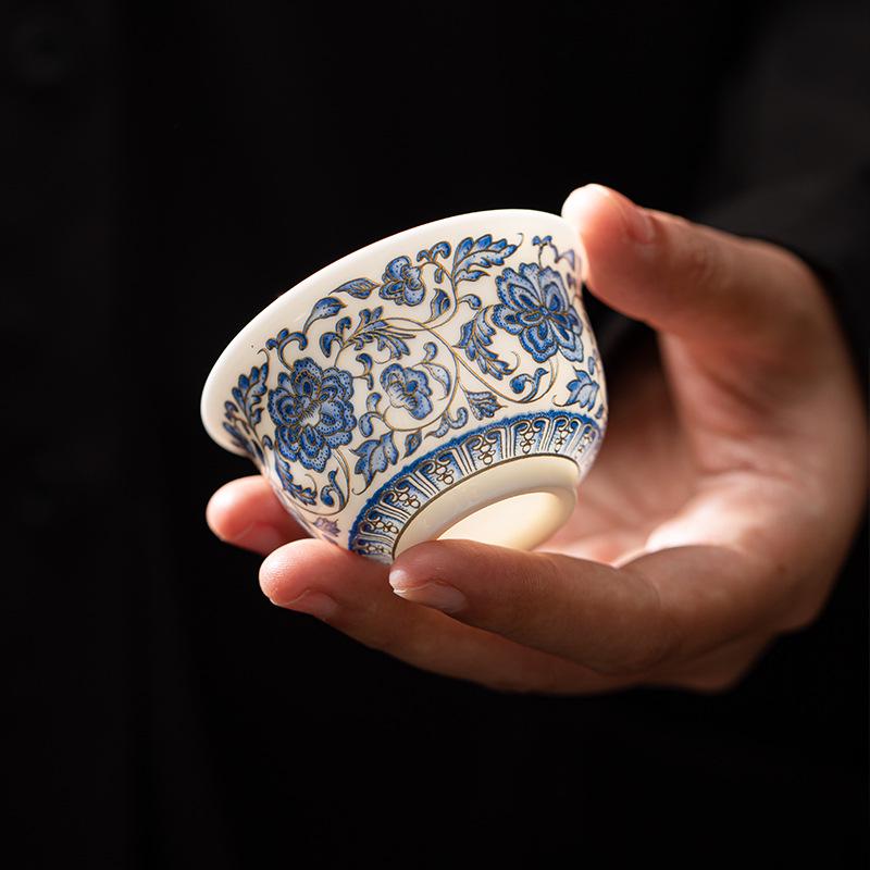Blue and White Porcelain Magnolia Teacup - Mutton Fat Jade Lotus Design