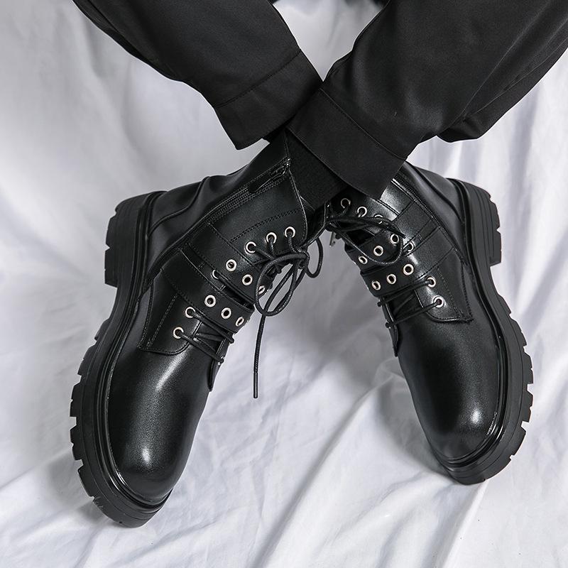 Men's Black Round Toe Ankle Boots with Cross Metal Buckle, Thick Sole, Side Zipper, and Knight Design.