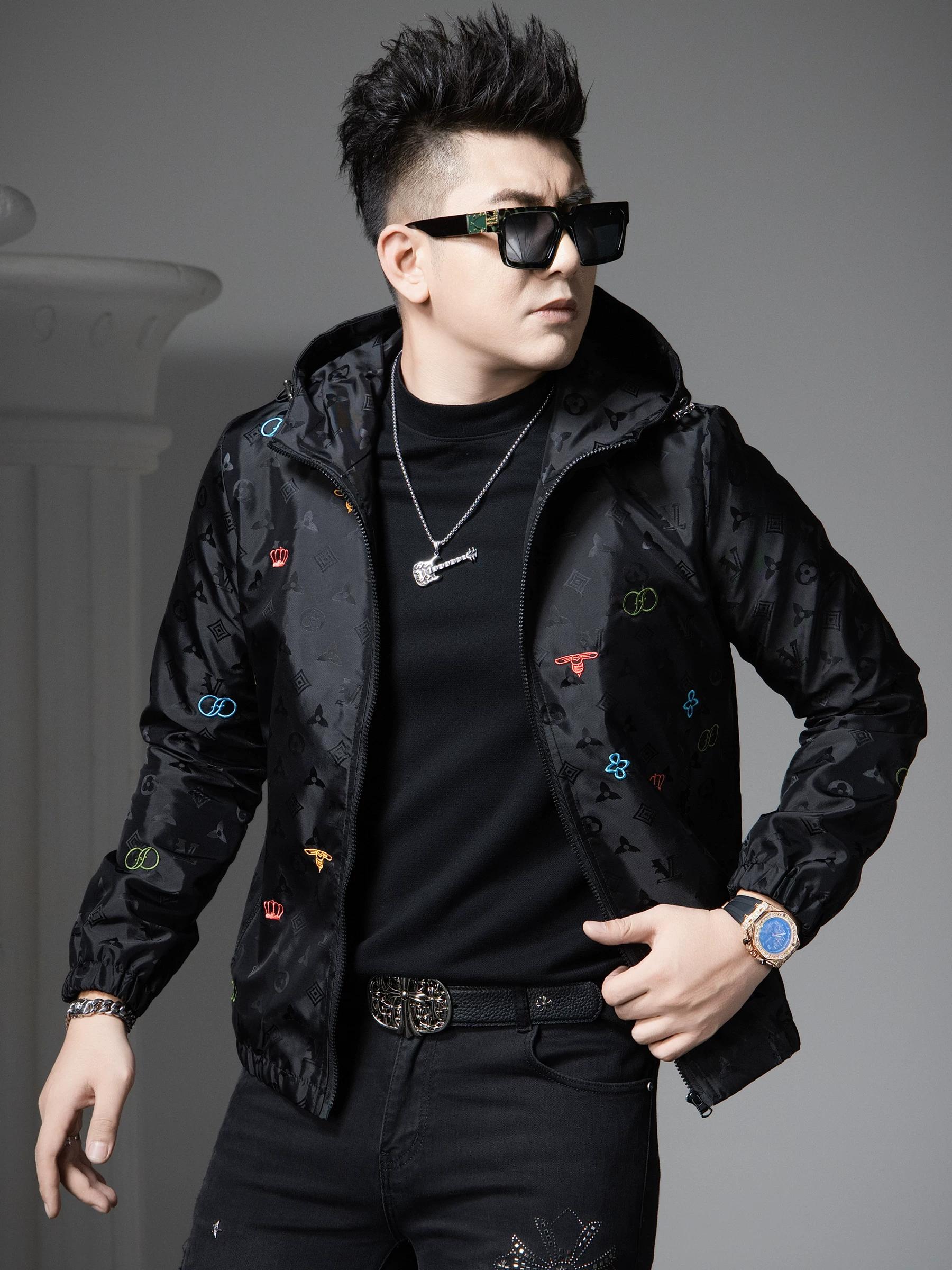 European High-End Hooded Casual Jacket for Men, Trendy Brand Embroidered High-End Top, 2025 New Autumn Coat for Men 4XL чёрный