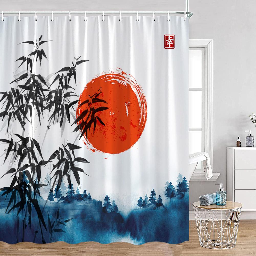 Japanese Style Shower Curtains Fuji Mount Great Waves Bamboo Red Sun Bathroom Curtain Japan Fabric Home Decorations For Bathtub