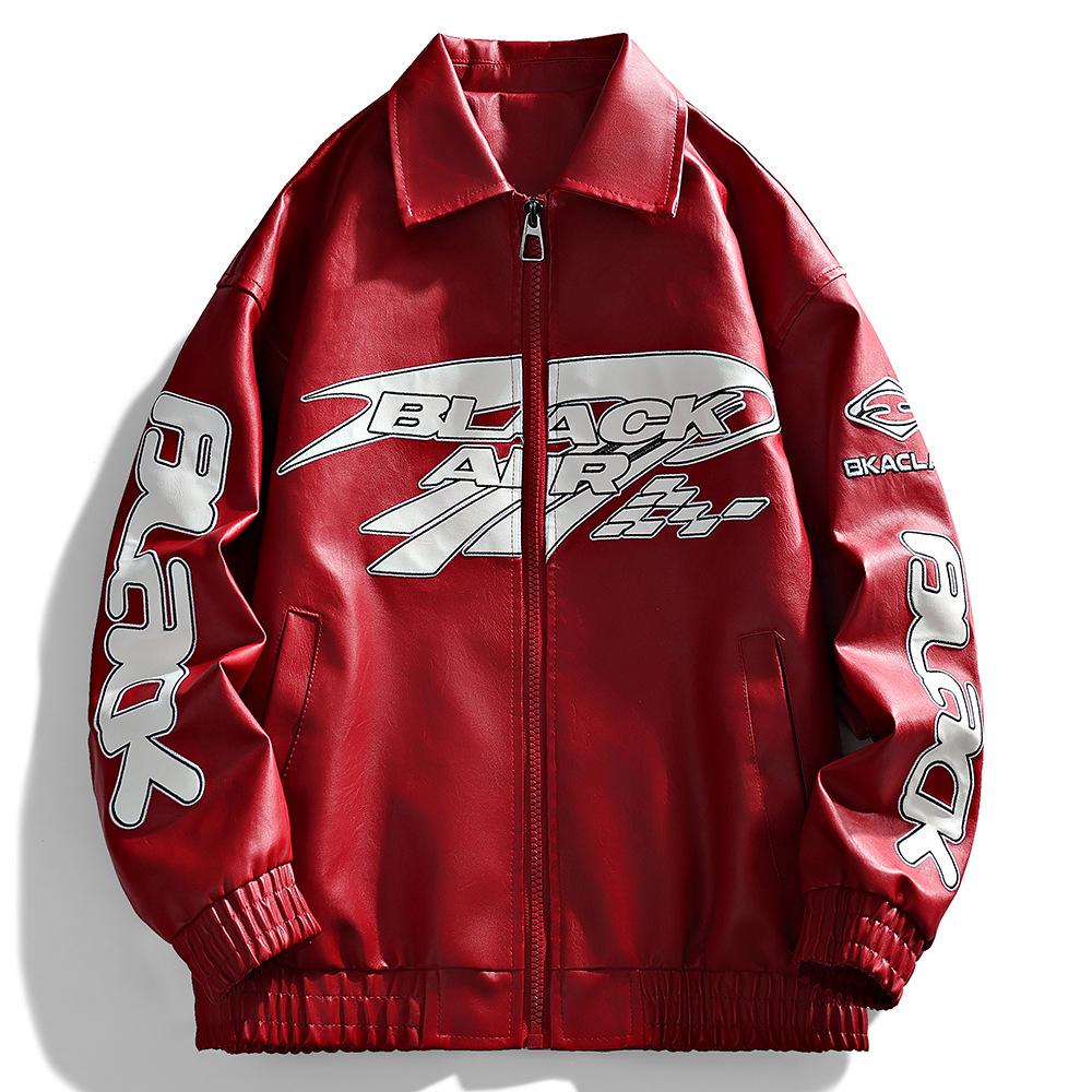 Men's American Racing Style Leather Jacket - Streetwear, Stand Collar, Cool Hip-Hop High Street Trend, Motorcycle Outerwear.