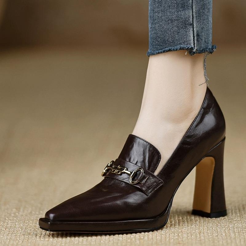 Fashion High Heels Womens Spring New British Retro Thick Heel Pointed Professional Women Shoes Soft Leather Platform High Heel Pumps
