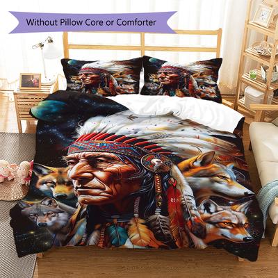Indian Chief Wolf Bear Pattern Bedding Quilt Set Quilt Cover Pillowcase Home Decoration Birthday Gift (1 * Duvet Cover + 2 * Pillowcase, Without Core)