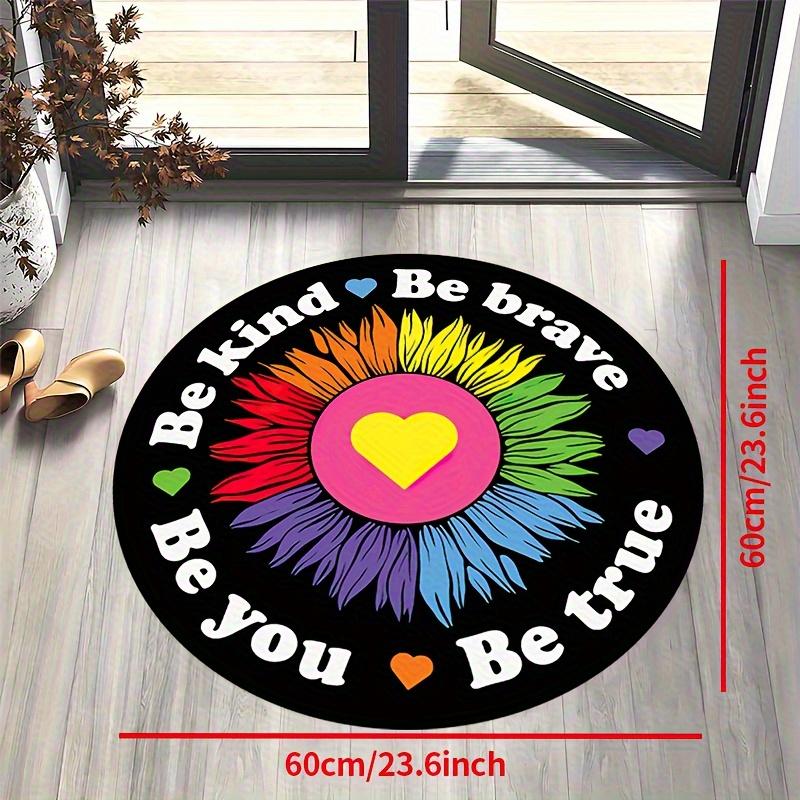 Motivational "Be Kind Be Brave" Doormat, Rainbow Floral Inspirational Mat, Non-Slip Pastel Decor for Bedroom, Home Office